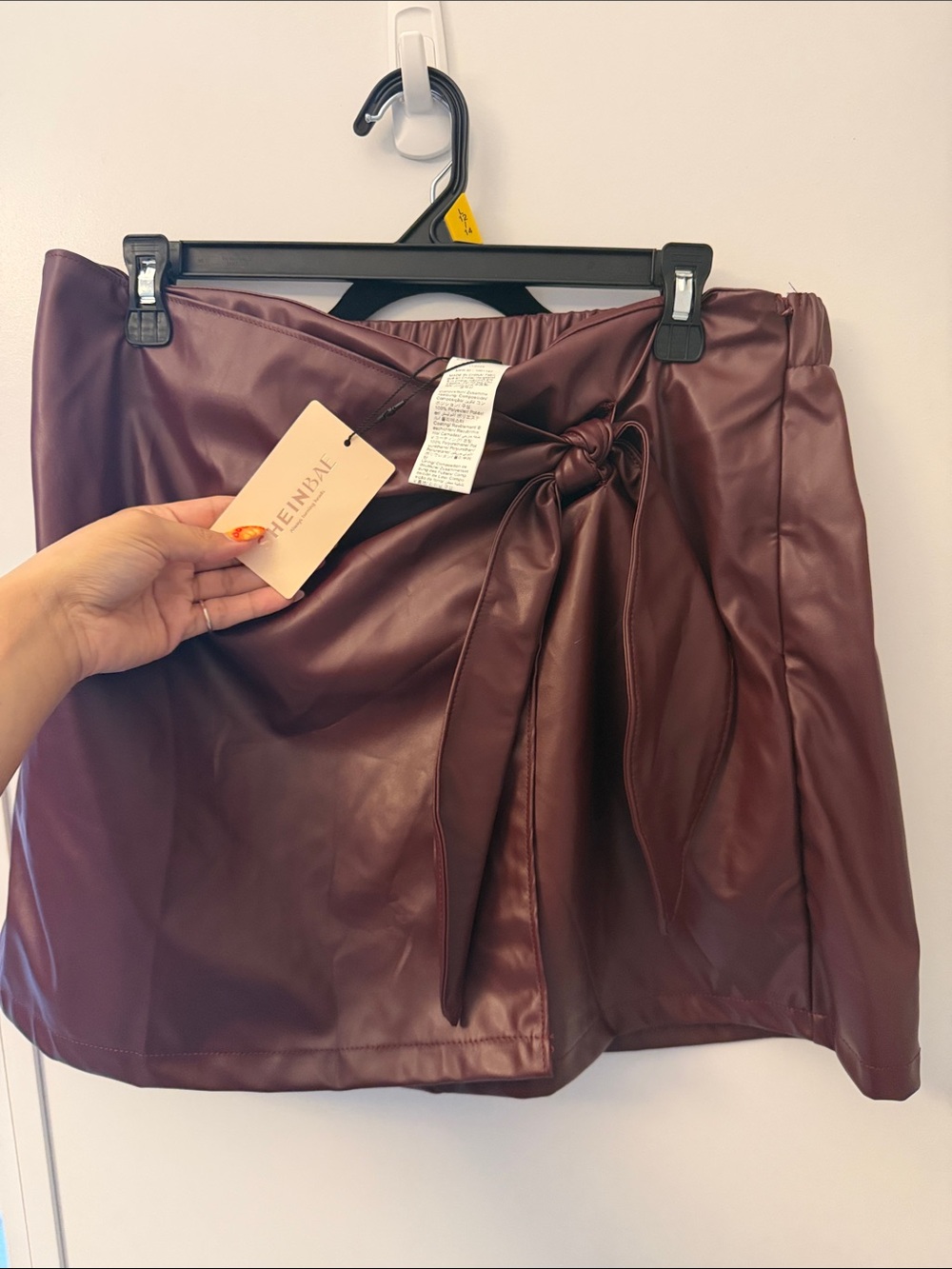 Burgundy Faux Leather Tie-Waist Mini Skirt